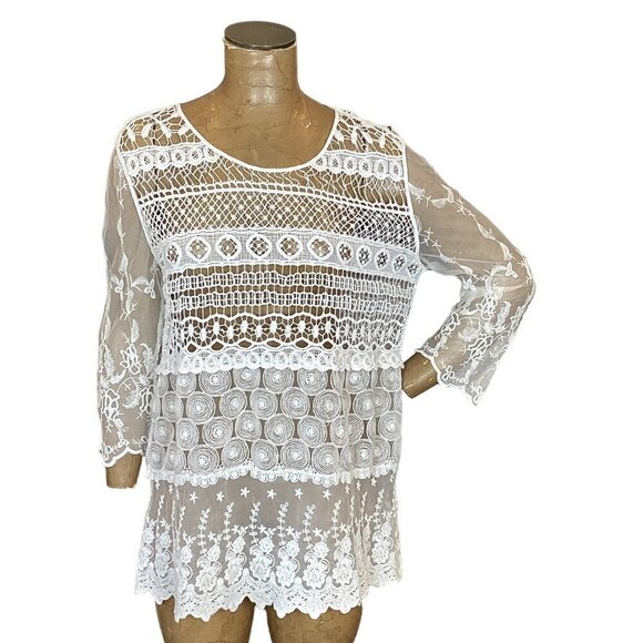 Chico's White Crochet Lace & Mesh Embroidered Tunic Top Sz 2 (L/12) #296K - Picture 1 of 6